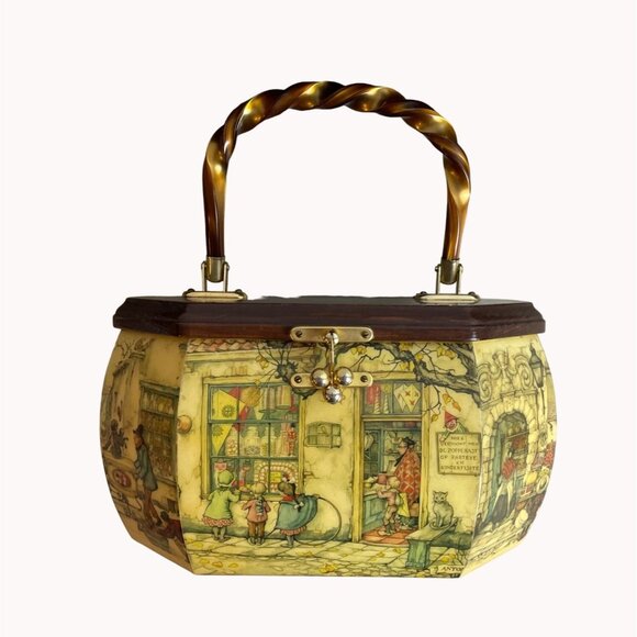 Vintage Old Farm Market Decoupage Brown Wood Bakelite Handel Purse - Picture 1 of 8